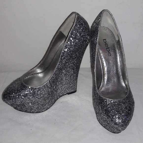 BEBE ,  Shoes GLITTER  SILVER SZ 5 1/2 - Picture 1 of 6